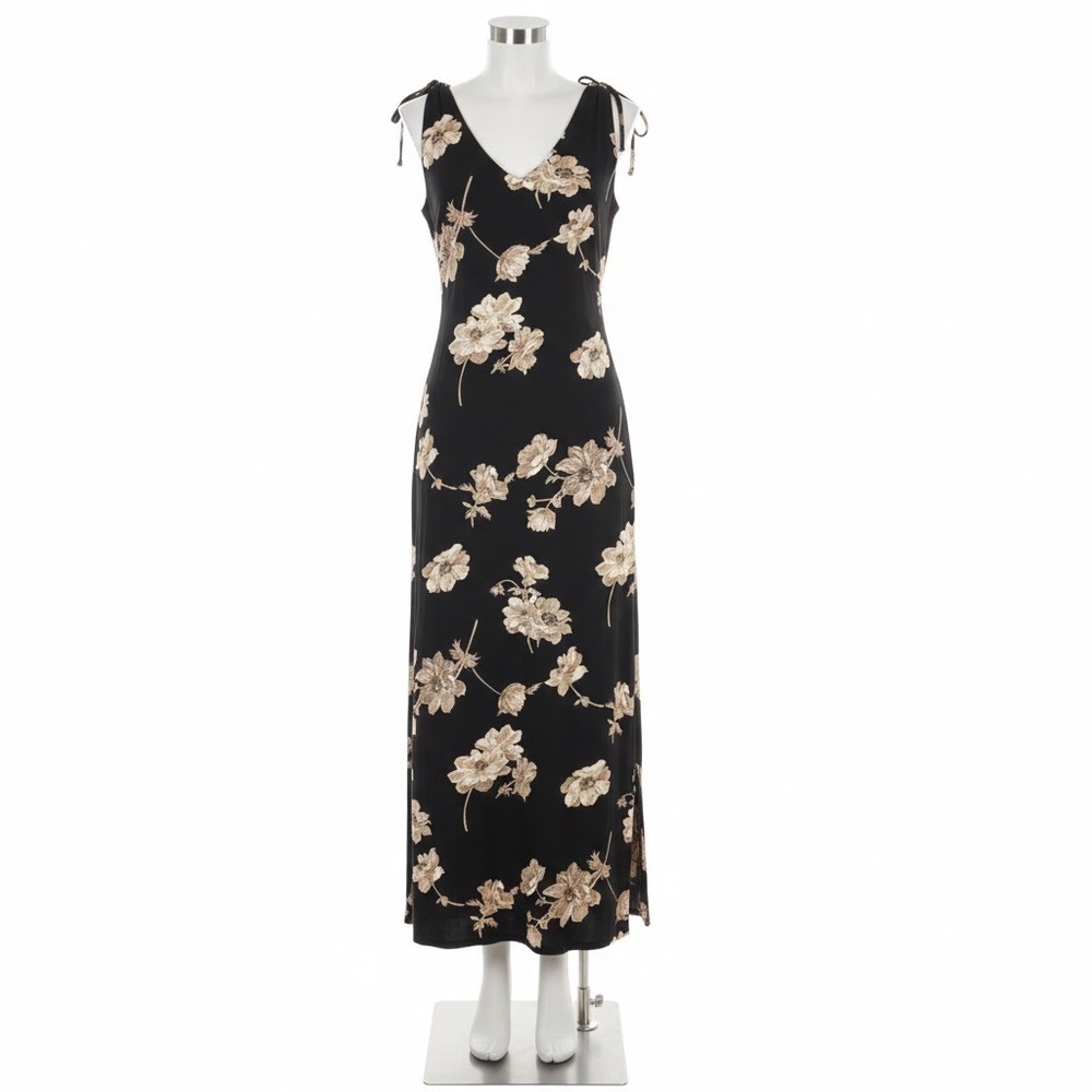 R&K Originals Dress 8 Vintage 90s Black Floral Tie Strap Whimsigoth Fairy Grunge